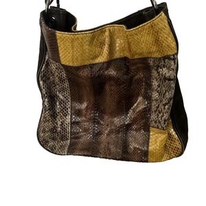 WORTH NY GENUINE Snakeskin & Suede Leather Patchwork XL Bag Brown Gold